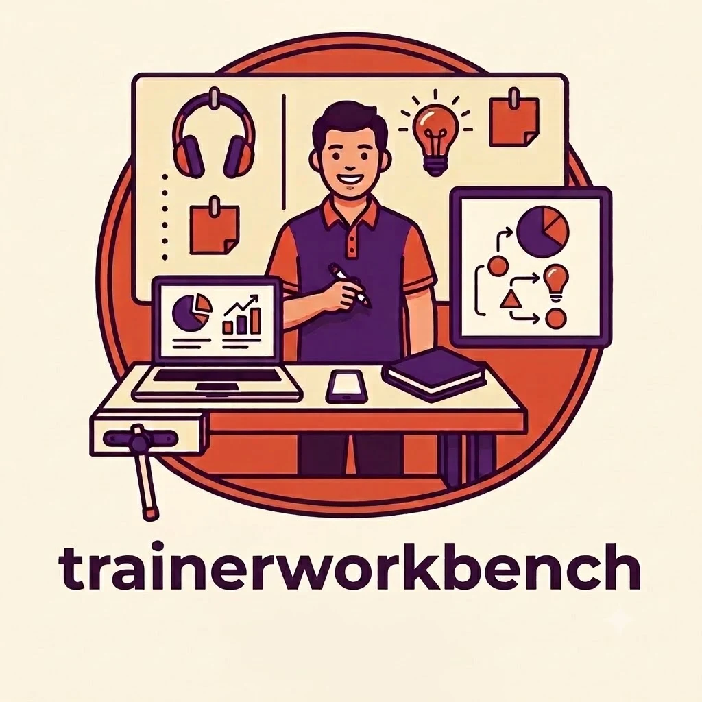 An illustrated trainer at a practical workbench with a presentation board, learning tools and editable resources